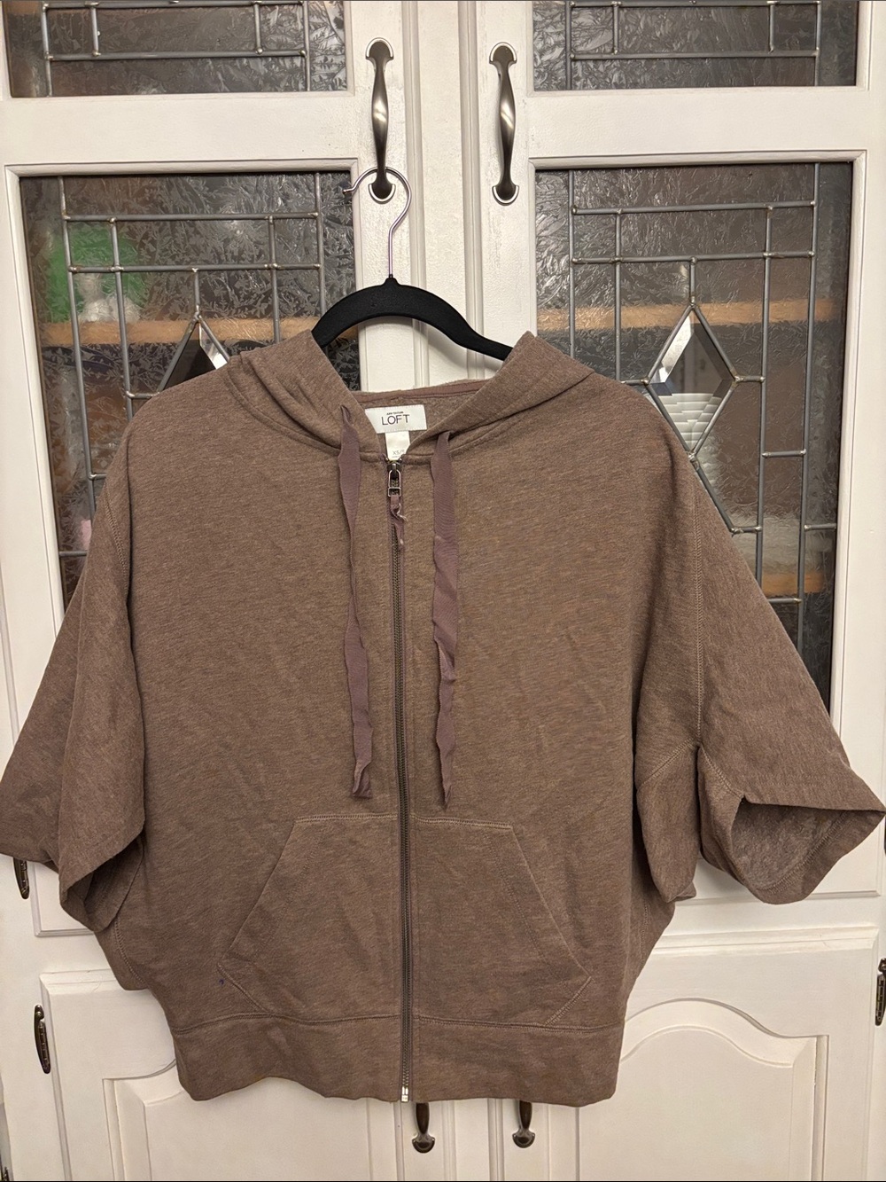 LOFT Taupe Short-Sleeve Zip Hoodie